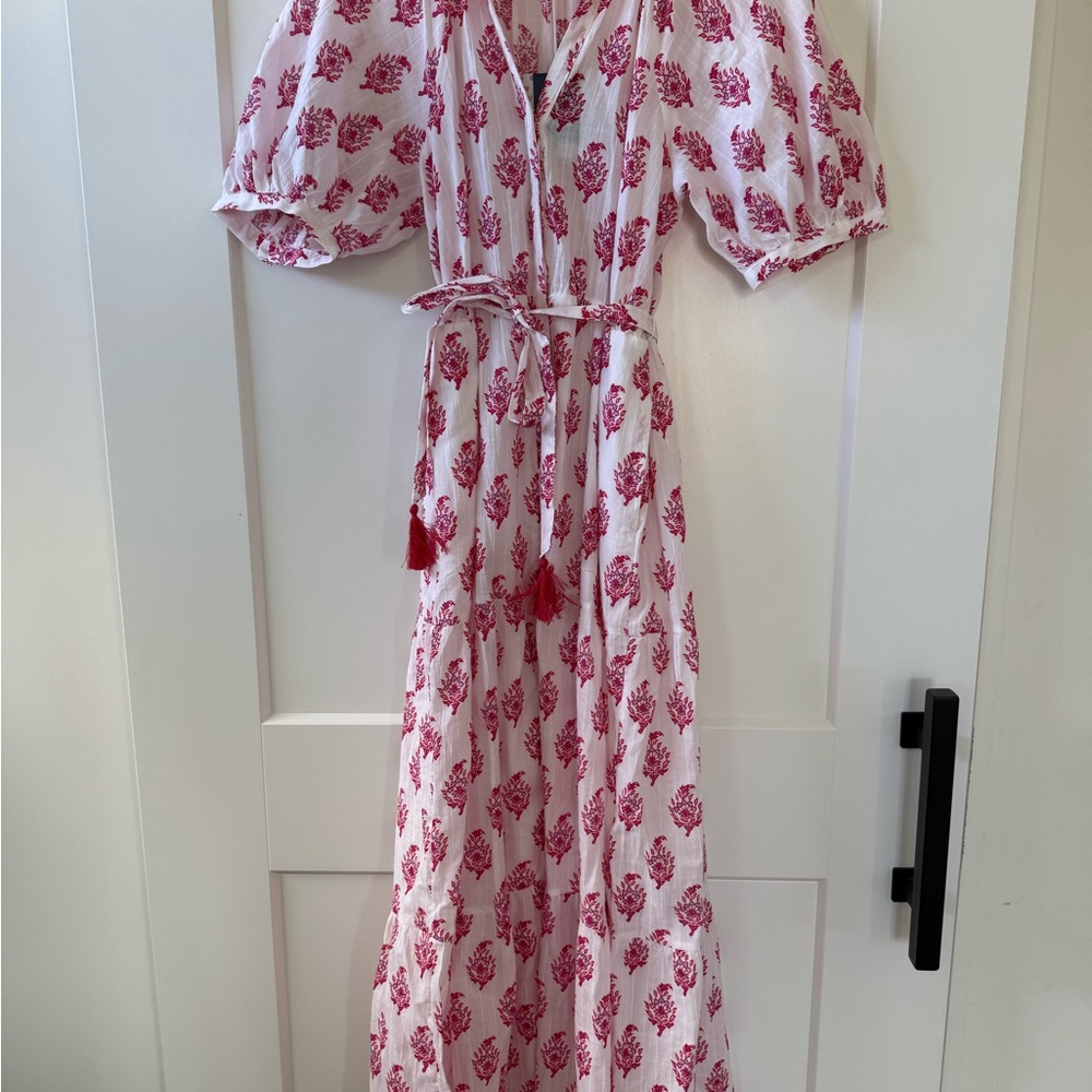 Roller Rabbit White Maxi Dress with Pink Floral Print and Tassel Tie
